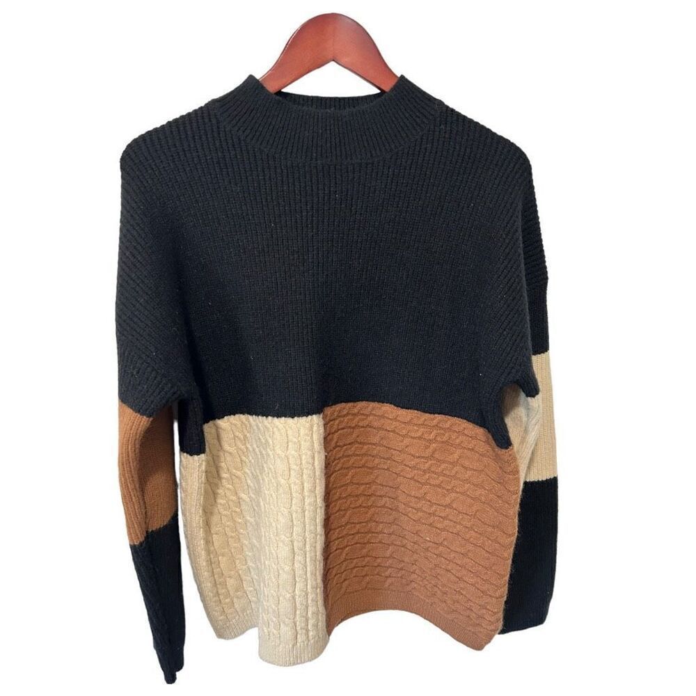 Andree by Unit Color Block Knit Sweater Small Black Tan Cream Oversized Wide Tur